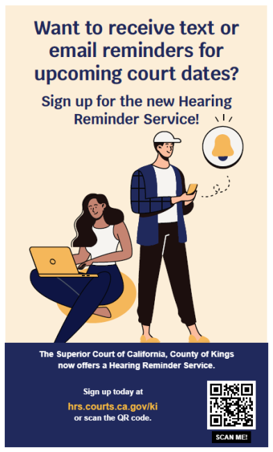 Kings County Hearing Reminder Service flyer with emphasized URL and QR code