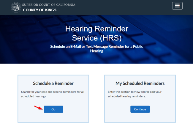 Step 1: Kings County Hearing Reminder Service schedule a reminder screen
